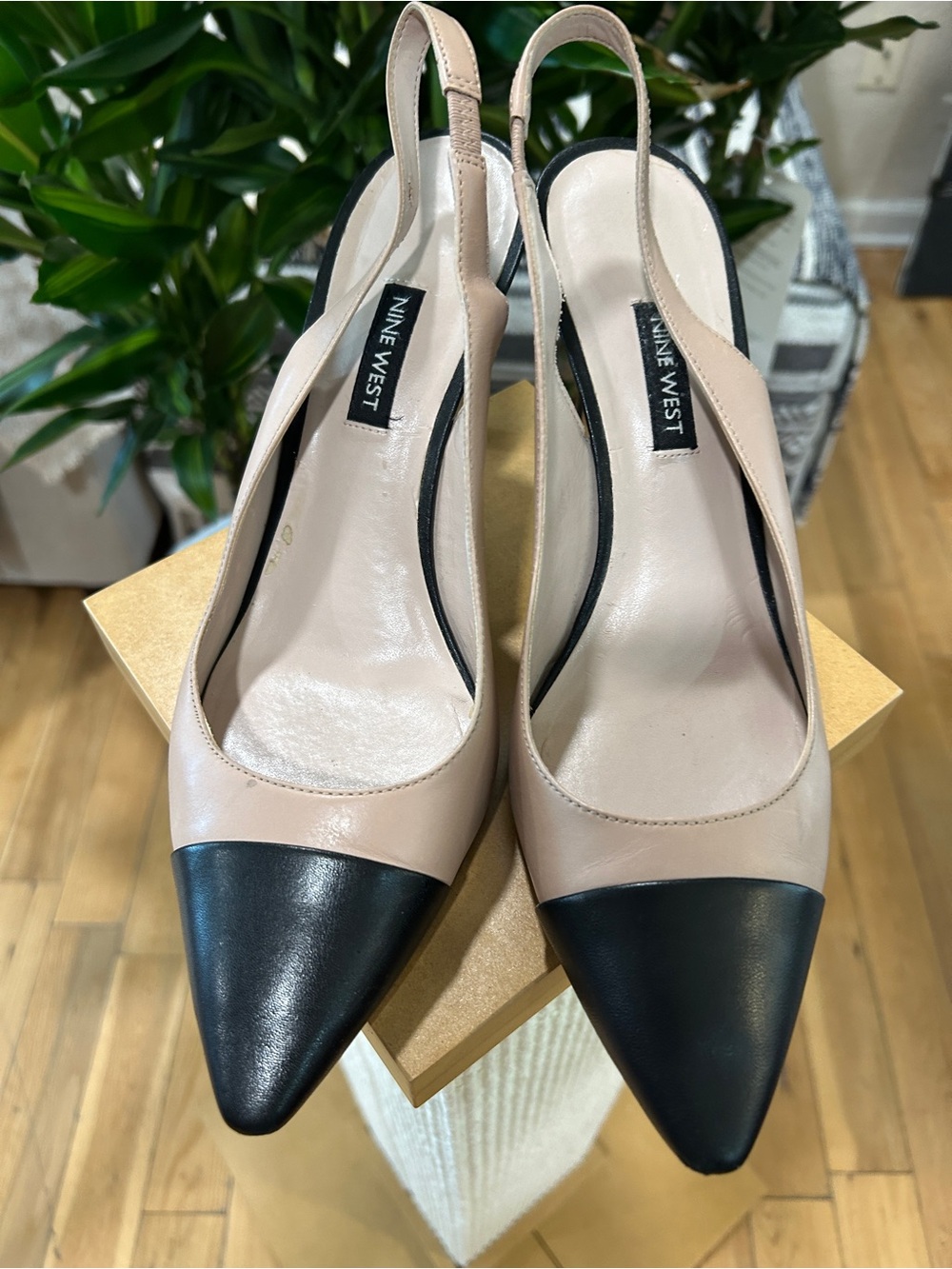 Nine West Beige and Black Pointed Toe Slingback Pumps